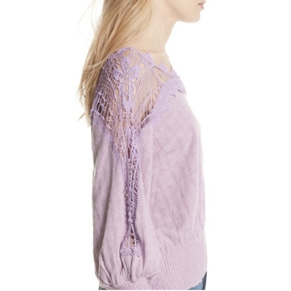 Free People Lavender Love Lace Crochet Peasant Sweater Top Shirred Waist- Size M - Picture 2 of 14